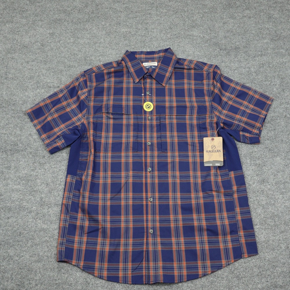 Magellan Shirt Mens Large Blue Plaid Backpacker Short Sleeve Fishing Outdoor